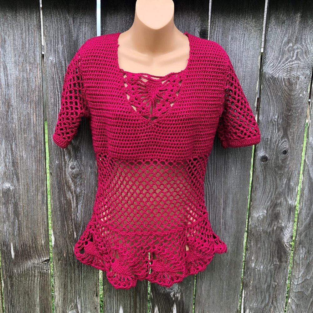 Handmade Crochet Sweater Top Magenta Open Knit S/M